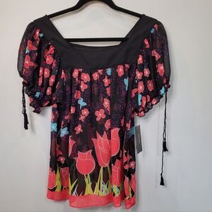 Nicole By Nicole Miller Short Puff Sleeve Blouse Top Size Small Tulip Print